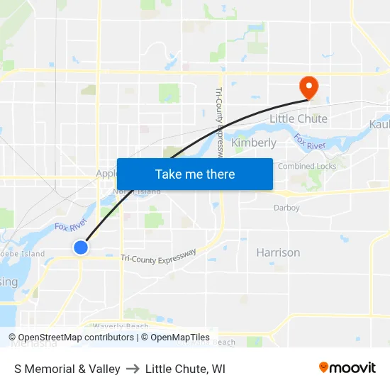 S Memorial & Valley to Little Chute, WI map
