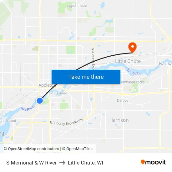 S Memorial & W River to Little Chute, WI map