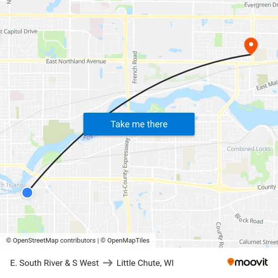 E. South River & S West to Little Chute, WI map