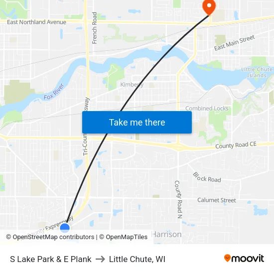 S Lake Park & E Plank to Little Chute, WI map