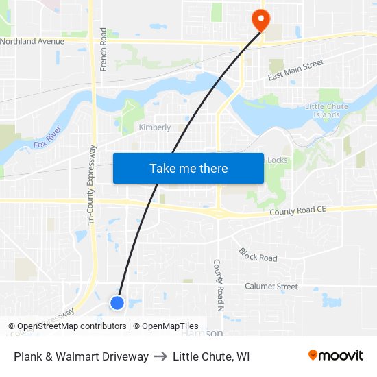 Plank & Walmart Driveway to Little Chute, WI map