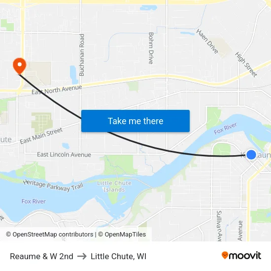 Reaume & W 2nd to Little Chute, WI map