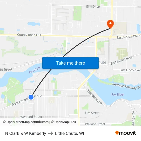 N Clark & W Kimberly to Little Chute, WI map