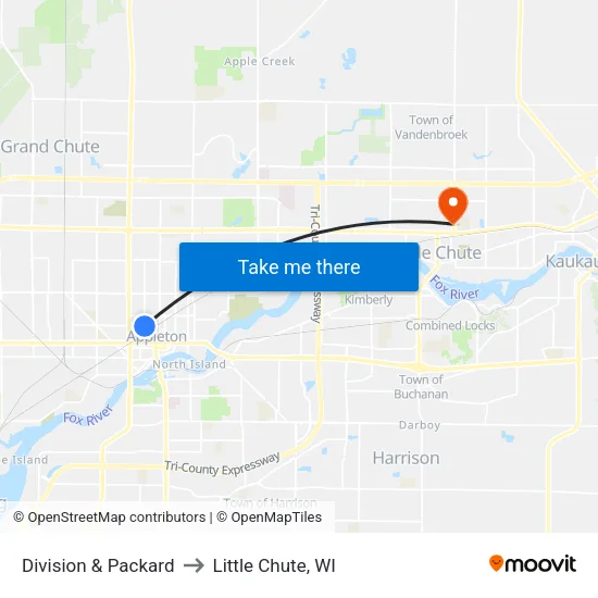 Division & Packard to Little Chute, WI map