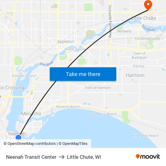 Neenah Transit Center to Little Chute, WI map