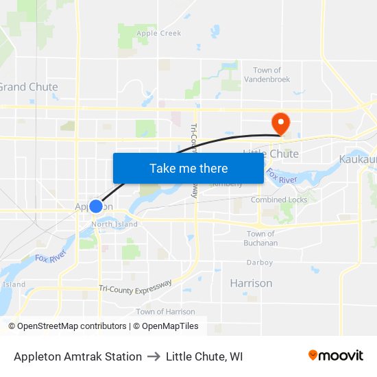 Appleton Amtrak Station to Little Chute, WI map