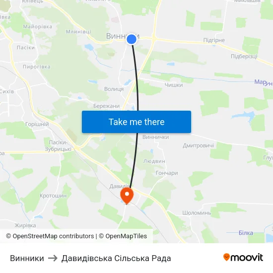 Винники to Давидівська Сільська Рада map
