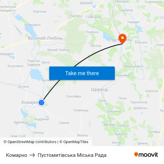 Комарно to Пустомитівська Міська Рада map