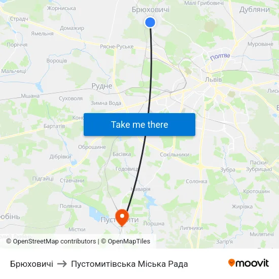 Брюховичі to Пустомитівська Міська Рада map