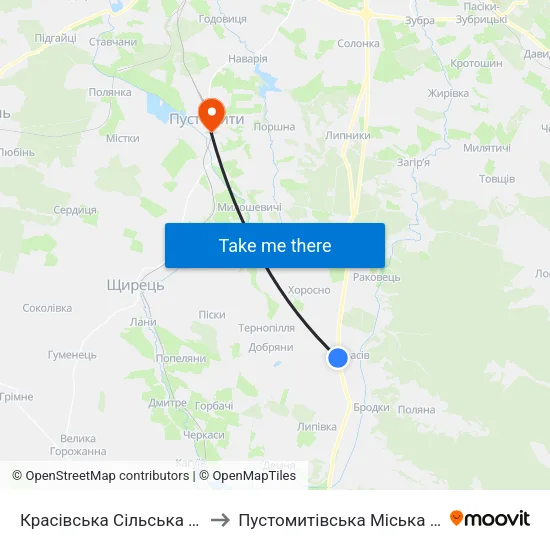 Красівська Сільська Рада to Пустомитівська Міська Рада map