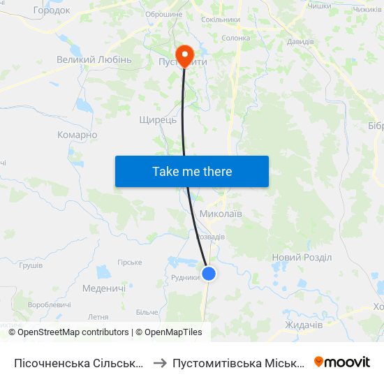 Пісочненська Сільська Рада to Пустомитівська Міська Рада map