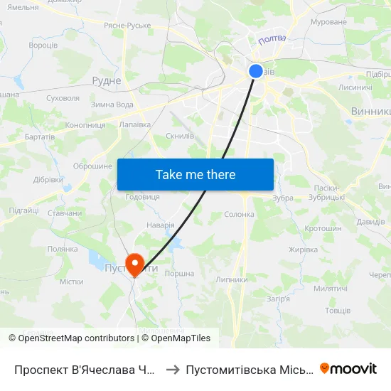 Проспект В'Ячеслава Чорновола to Пустомитівська Міська Рада map
