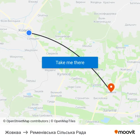 Жовква to Ременівська Сільська Рада map