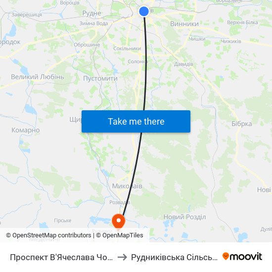 Проспект В'Ячеслава Чорновола to Рудниківська Сільська Рада map