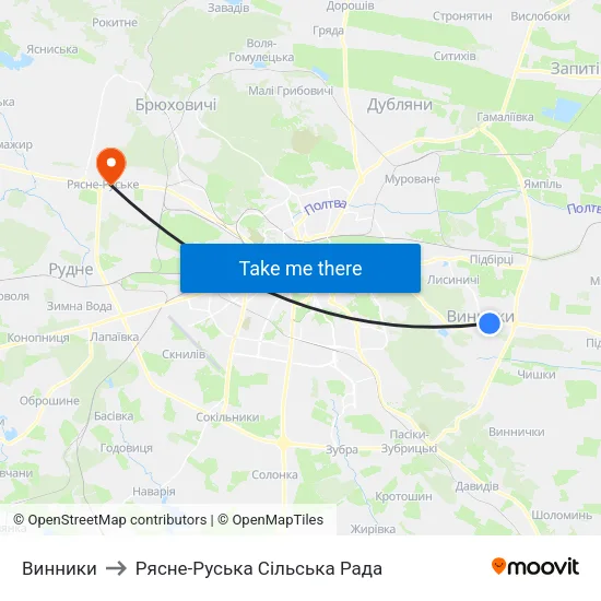 Винники to Рясне-Руська Сільська Рада map