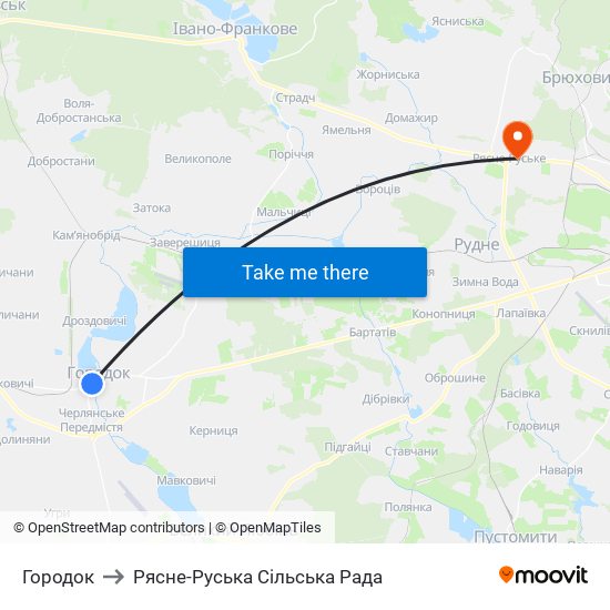 Городок to Рясне-Руська Сільська Рада map