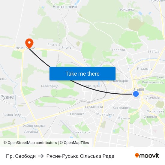 Пр. Свободи to Рясне-Руська Сільська Рада map
