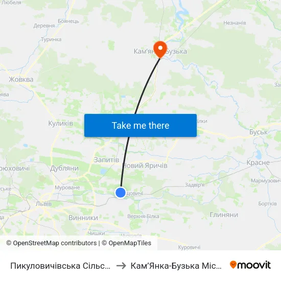 Пикуловичівська Сільська Рада to Кам’Янка-Бузька Міська Рада map