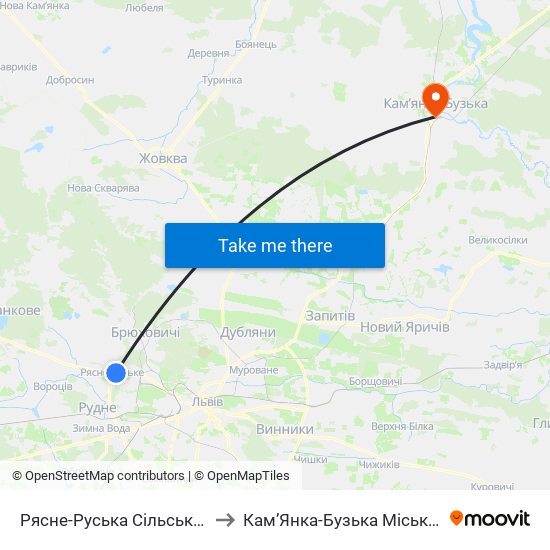 Рясне-Руська Сільська Рада to Кам’Янка-Бузька Міська Рада map