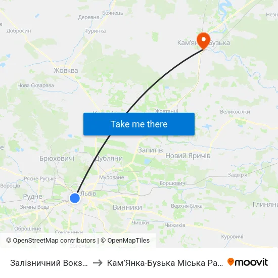 Залізничний Вокзал to Кам’Янка-Бузька Міська Рада map