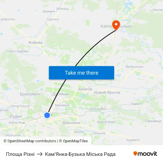 Площа Різні to Кам’Янка-Бузька Міська Рада map