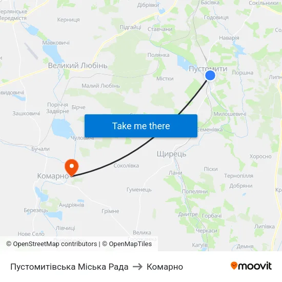 Пустомитівська Міська Рада to Комарно map