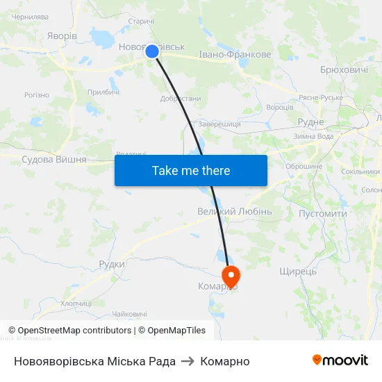 Новояворівська Міська Рада to Комарно map