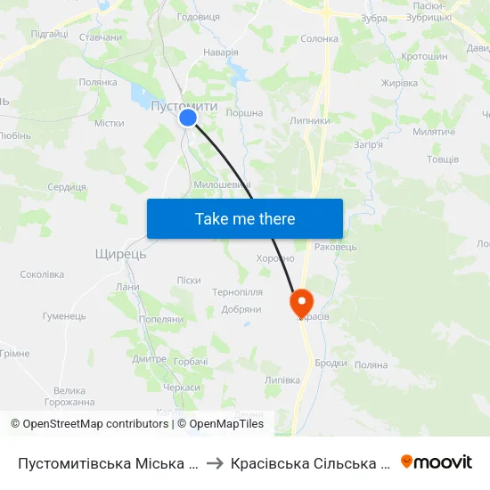 Пустомитівська Міська Рада to Красівська Сільська Рада map