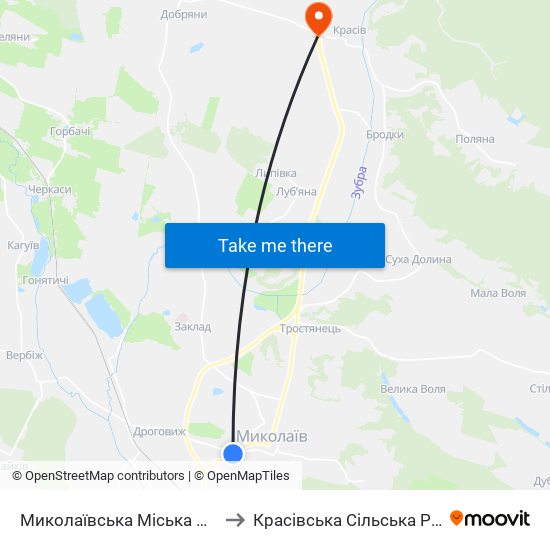 Миколаївська Міська Рада to Красівська Сільська Рада map