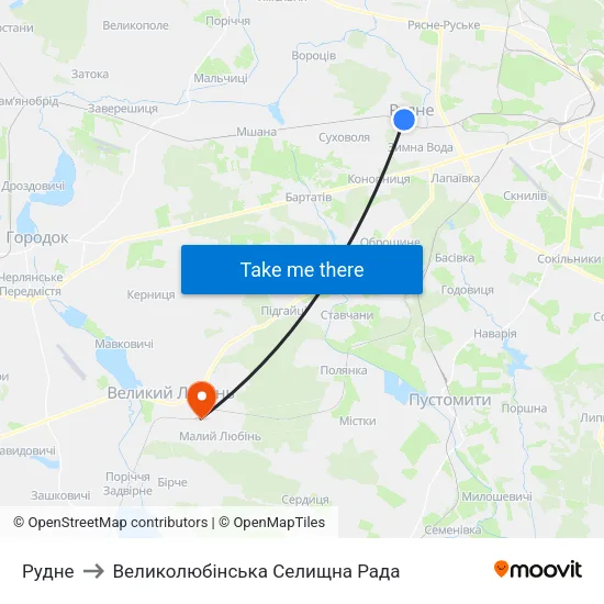Рудне to Великолюбінська Селищна Рада map