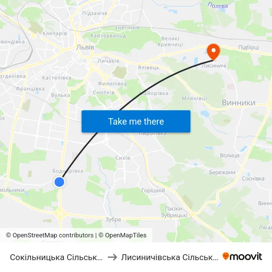 Сокільницька Сільська Рада to Лисиничівська Сільська Рада map