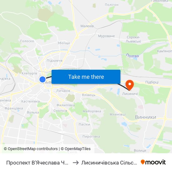 Проспект В'Ячеслава Чорновола to Лисиничівська Сільська Рада map