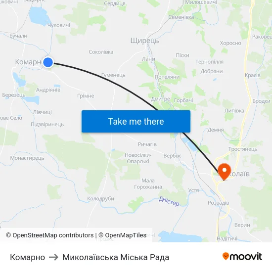 Комарно to Миколаївська Міська Рада map