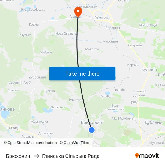 Брюховичі to Глинська Сільська Рада map