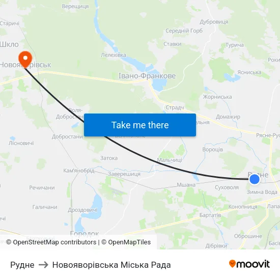 Рудне to Новояворівська Міська Рада map
