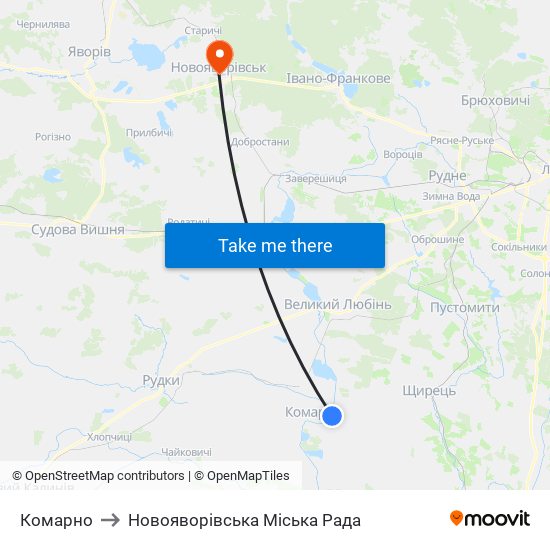 Комарно to Новояворівська Міська Рада map