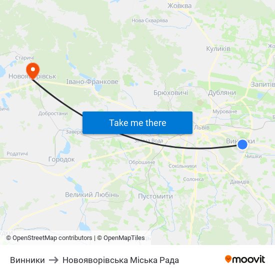 Винники to Новояворівська Міська Рада map