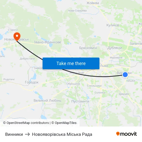 Винники to Новояворівська Міська Рада map