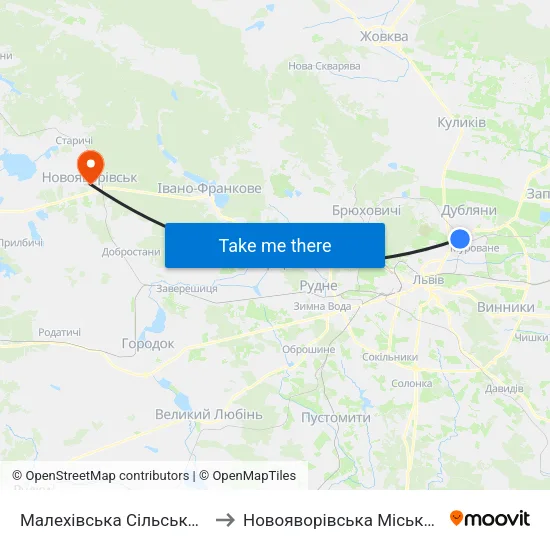 Малехівська Сільська Рада to Новояворівська Міська Рада map