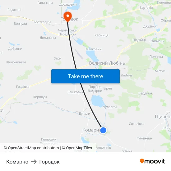 Комарно to Городок map