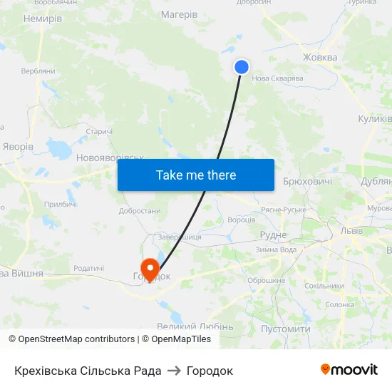 Крехівська Сільська Рада to Городок map