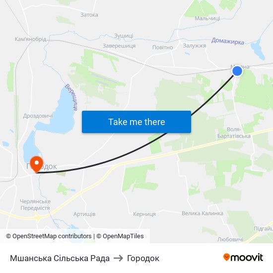 Мшанська Сільська Рада to Городок map