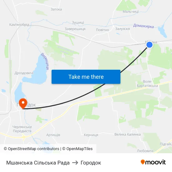 Мшанська Сільська Рада to Городок map