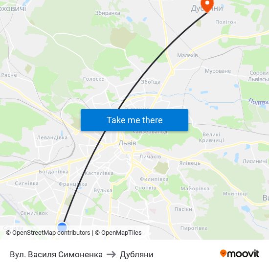 Вул. Василя Симоненка to Дубляни map