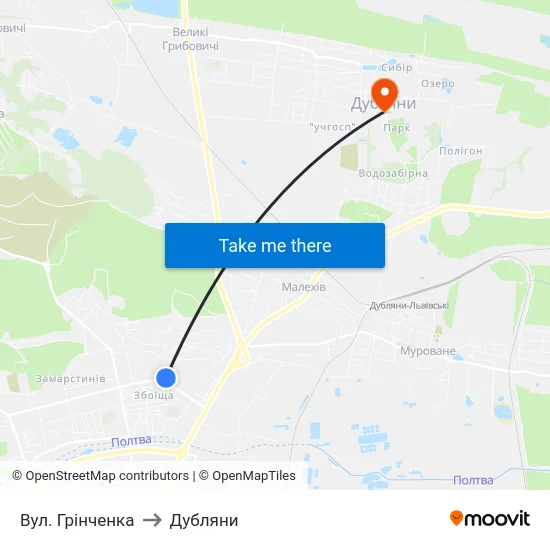 Вул. Грінченка to Дубляни map