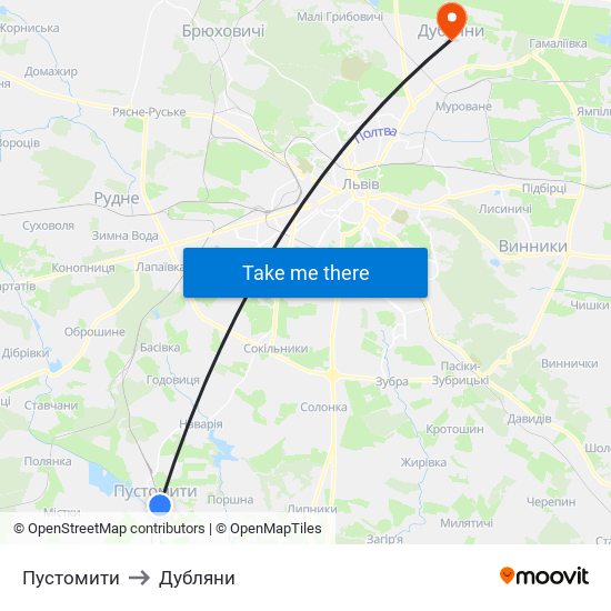 Пустомити to Дубляни map