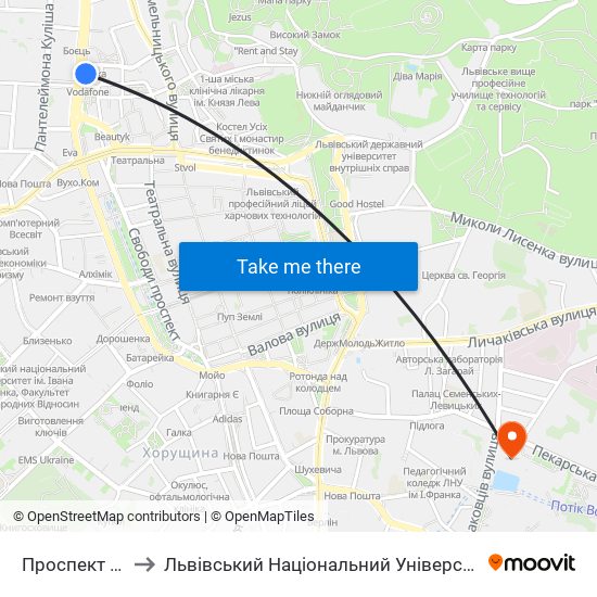 Проспект В’Ячеслава Чорновола to Львівський Національний Університет Ветеринарної Медицини Та Біотехнологій Ім. М. З. Гжицького map