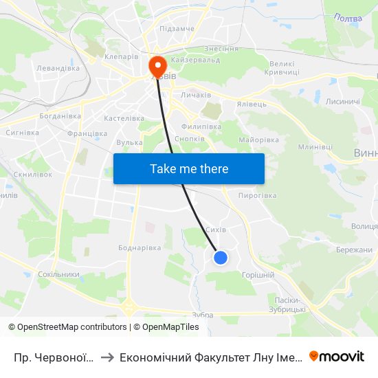 Пр. Червоної Калини to Економічний Факультет Лну Імені Івана Франка map