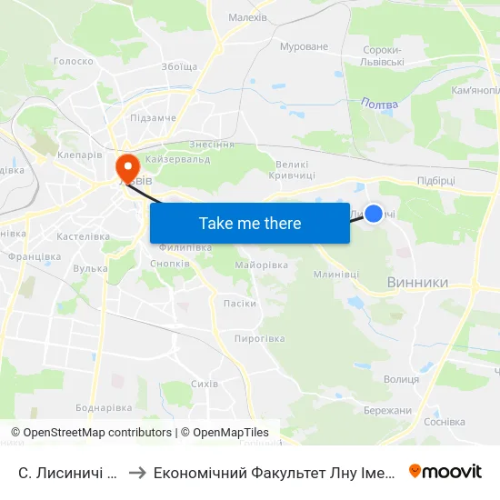 С. Лисиничі (Центр) to Економічний Факультет Лну Імені Івана Франка map