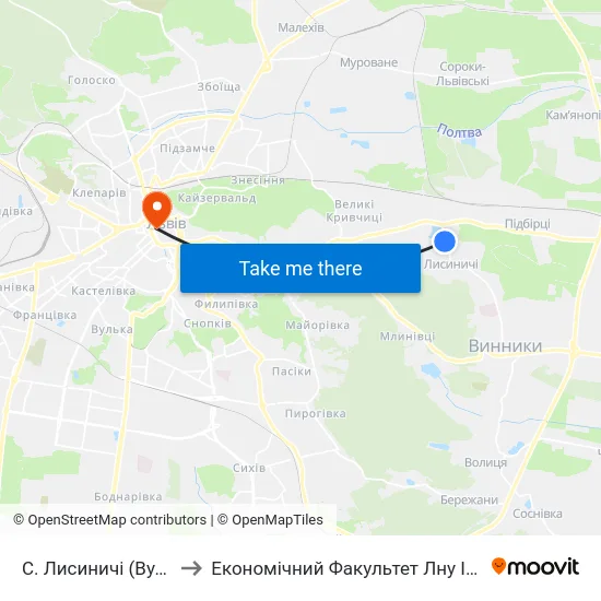 С. Лисиничі (Вул. Івасюка) to Економічний Факультет Лну Імені Івана Франка map